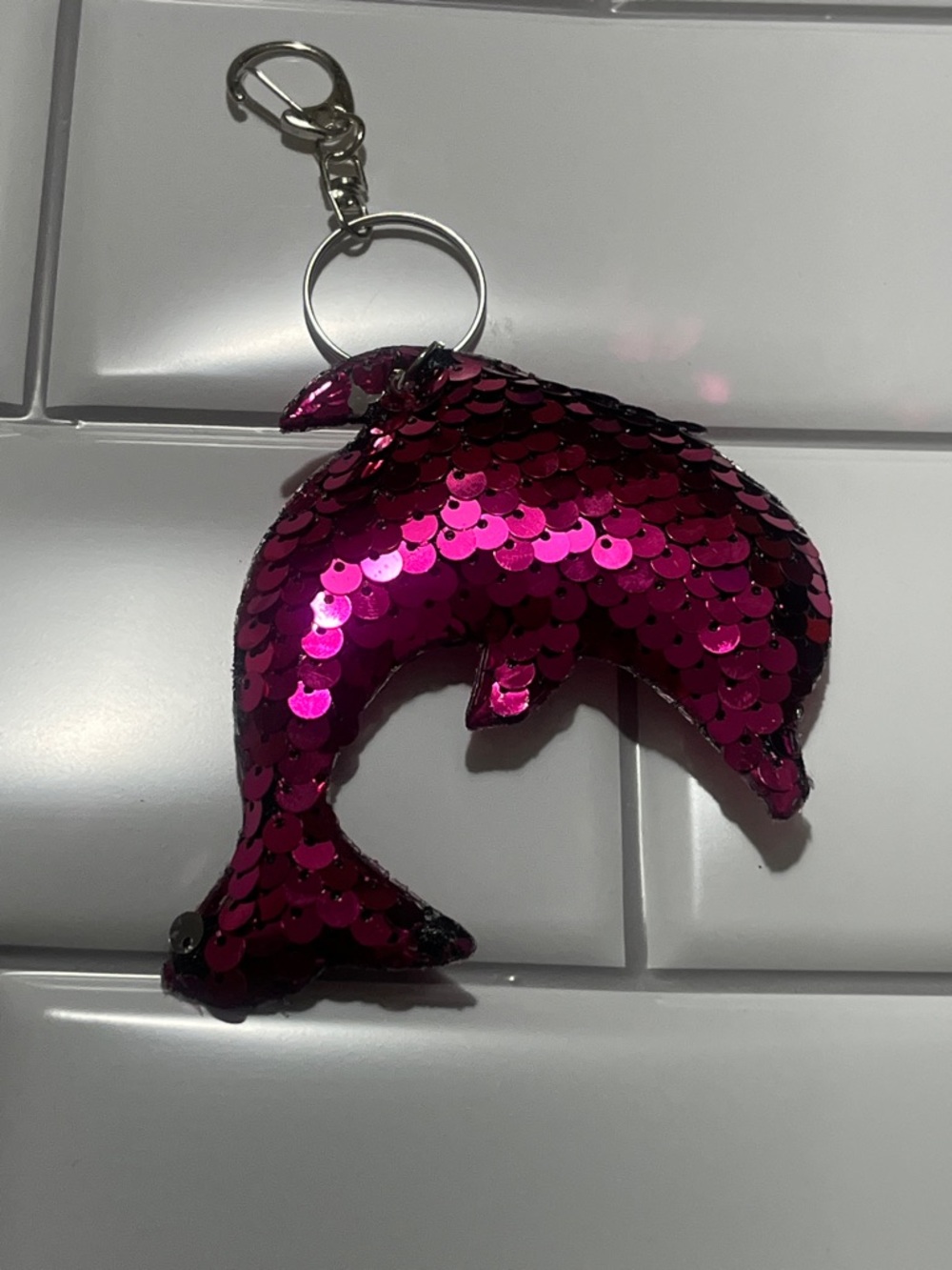 Sequin Dolphin Keychain in Hot Pink Hand Crafted - Picture 3 of 4